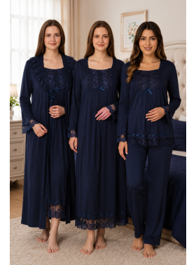 Effortt 3046 LACİVERT Dantelli 4lü Hamile Lohusa Seti